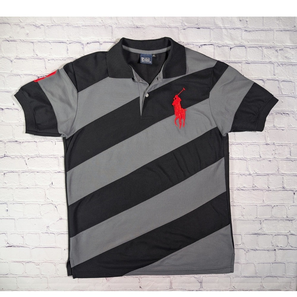 Polo Ralph Lauren Polo Shirt Mens XL 100% Cotton Black Grey Big Pony Stripe
